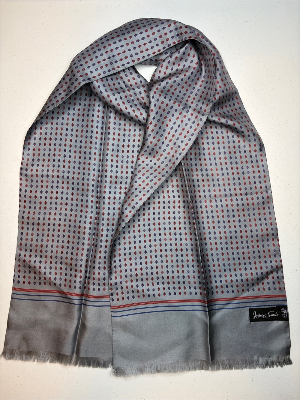 Vintage Arturo Nucci All Silk Scarf Grey Red Blue Geometric Diamond Foulard